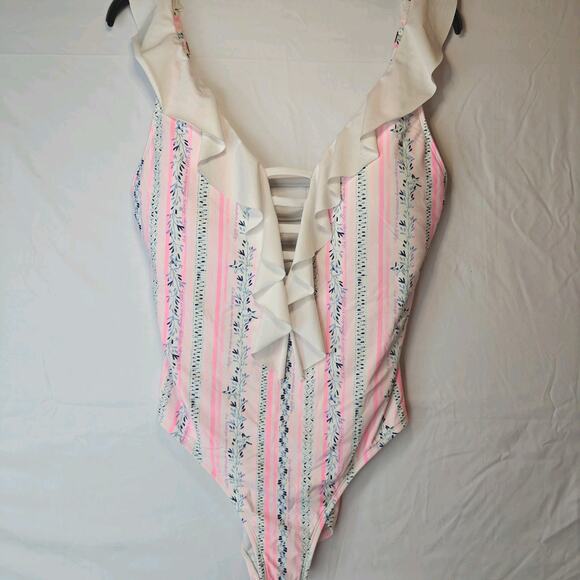 Lilly Pulitzer carmen One piece ruffle swimsuit Sz 14 resort white sea stripes - Picture 4 of 14